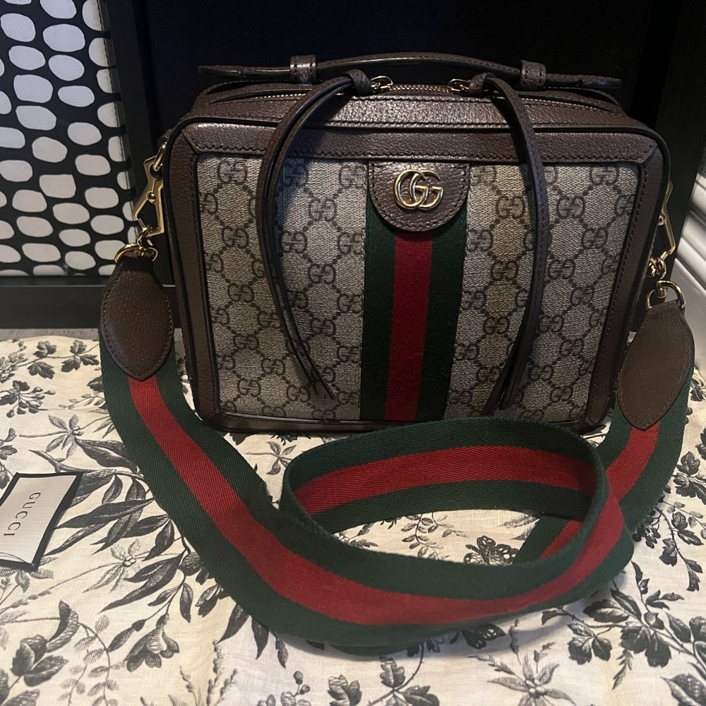 Gucci Supreme Ophidia Top Handle with Web Strap Cross Body Shoulder Bag Brown